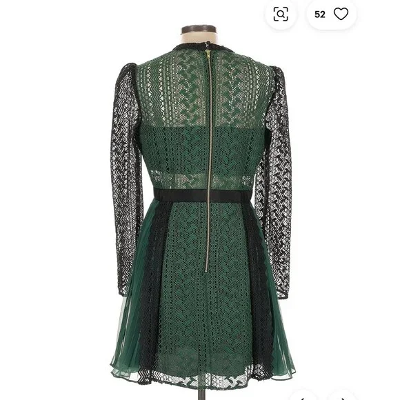 Self-Portrait Round Neck Zip Up Green And Black Lace Mini Dress - Size 2 - Picture 2 of 3